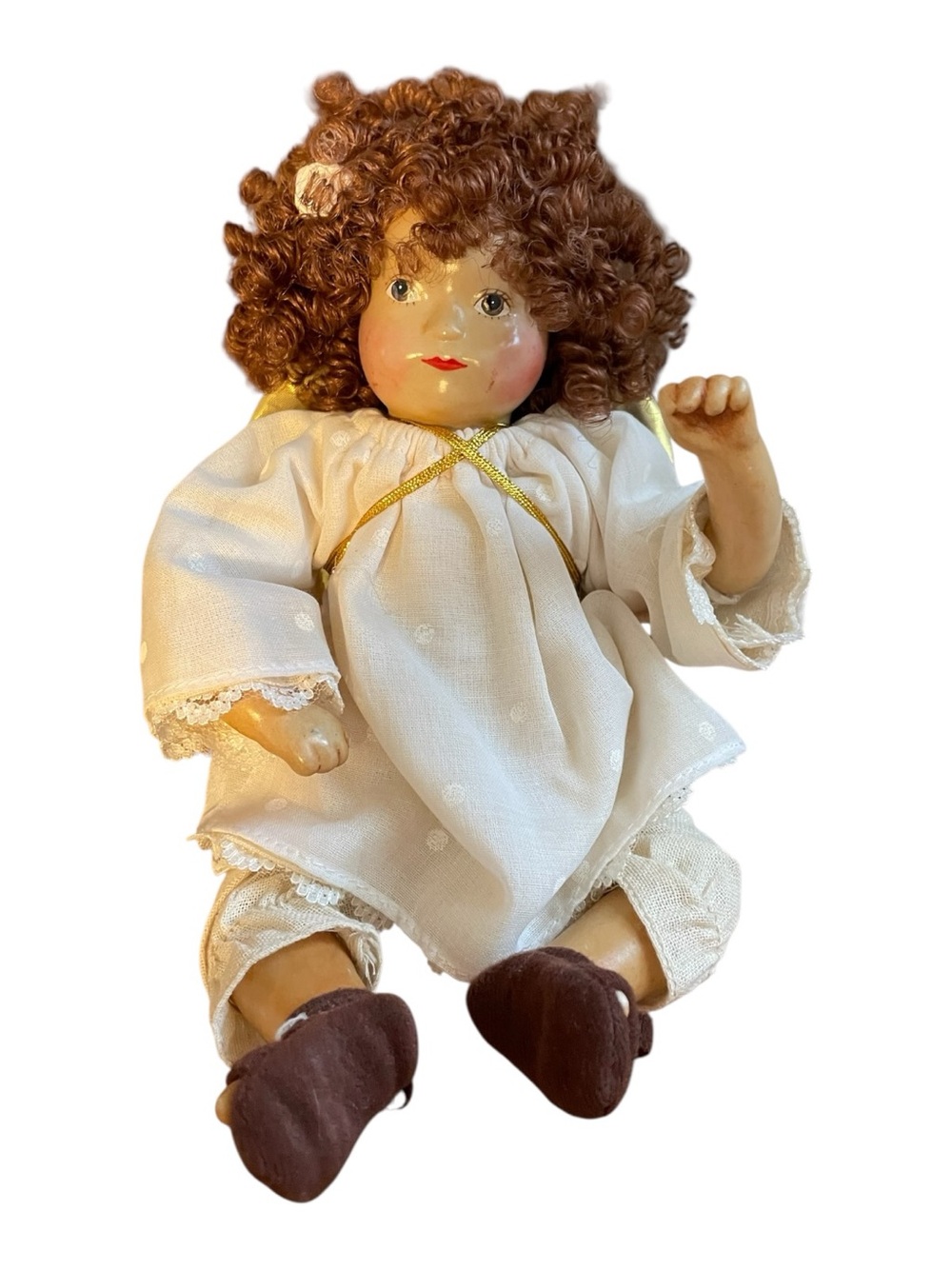 Vintage Porcelain Holiday Angel Wings Doll Curly Red Hair